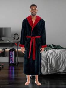Mens Robe With Hood, Plush Fleece Hooded Mens Bathrobe, Big And Tall Bath Robe For Menhalloween - Black With Burgundy - View 6