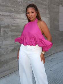 Tyla Gomez Purple-Red Halter Backless Ruffle Hem Loose Urban Style Blouse For Women, Autumn - Red Violet - View 5