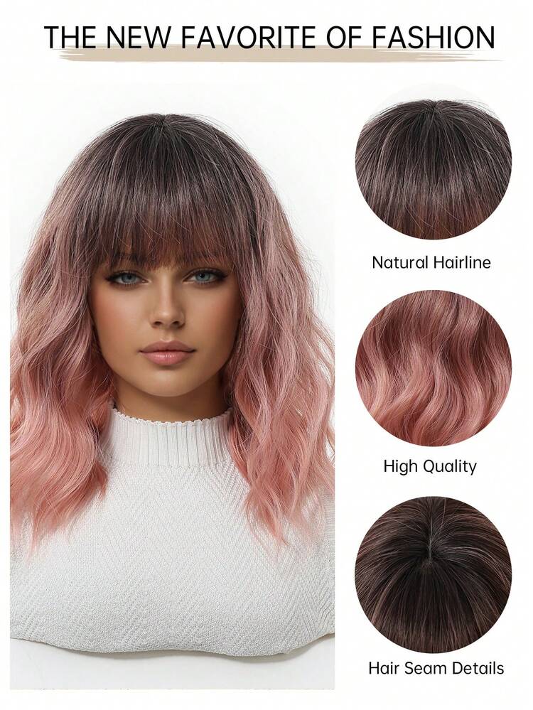 14 Inch Ombre Pink Bobo Wig, Women's Curly Wavy Wig With Bangs, Short Heat Resistant Synthetic Wig, Suitable For Party Costumes And Daily Wear, Vibrant Colors - Pink - View 9