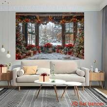1 件 2D 平面圣诞背景横幅，元素包括圣诞树、礼品盒、落地窗、雪景，采用涤纶面料制成，适用于客厅、户外装饰、社交媒体、摄影工作室背景 - 1個 - 查看 6
