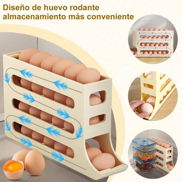 1 Pieza Caja de almacenamiento de huevos con 4 capas de estilo deslizante con dispositivo automático de rodamiento de huevos, apta para la puerta lateral del refrigerador y la plataforma de la cocina, soporte dispensador de huevos que ahorra espacio