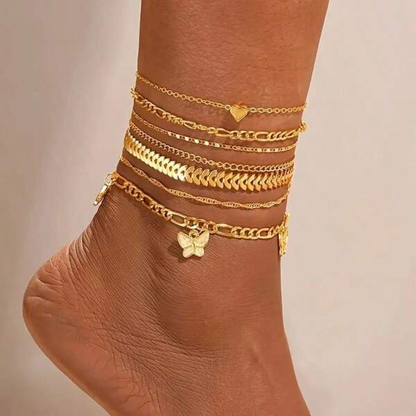 7 Pcs/Set Gold Color Vintage Butterfly Heart Anklet Set For Women Multilayers Anklet Bracelet On Leg Foot Beach Jewelry Gifts