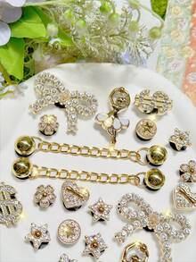 20 piezas Accesorios desmontables DIY de oso de strass, lazo, flor de nieve navideña para decorar zapatos, regalo perfecto para las fiestas - Dorado - Ver 3