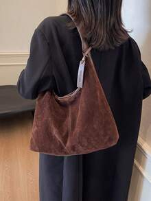 时尚纯色休闲女士单肩包，简约经典百搭单肩包，轻便休闲校园风学生手提包，大学生休闲旅行轻便收纳手提包 - 棕色 - 查看 5