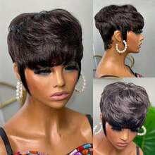 Glueless Pixie Cut Human Hair, Nature Color Remy Human Hair For Women, 180% Density Straight Design Rose Net Cap, Full Machine Made For Daily Wear, Easy To Wear - Natural Black - View 5