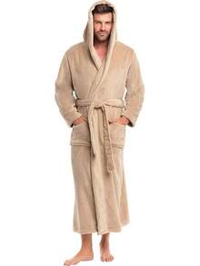 Mens Robe With Hood, Plush Fleece Hooded Mens Bathrobe, Big And Tall Bath Robe For Menhalloween - Sandstone - View 11