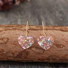 Vintage Pink Love Heart Drop Earrings Bohemian Retro Resin Sequin Heart Drop Earrings Multicolor Glitter Dangle Earrings Jewelry Gift For Women - 粉色 - 查看 1