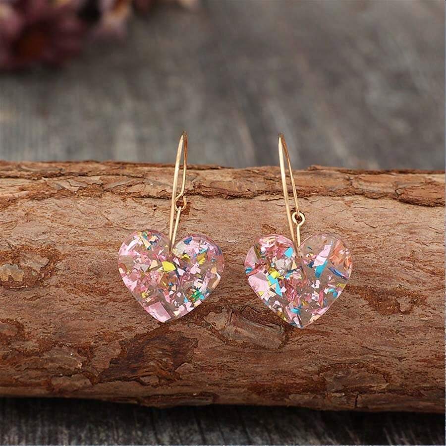 Vintage Pink Love Heart Drop Earrings Bohemian Retro Resin Sequin Heart Drop Earrings Multicolor Glitter Dangle Earrings Jewelry Gift For Women - 粉色 - 查看 1