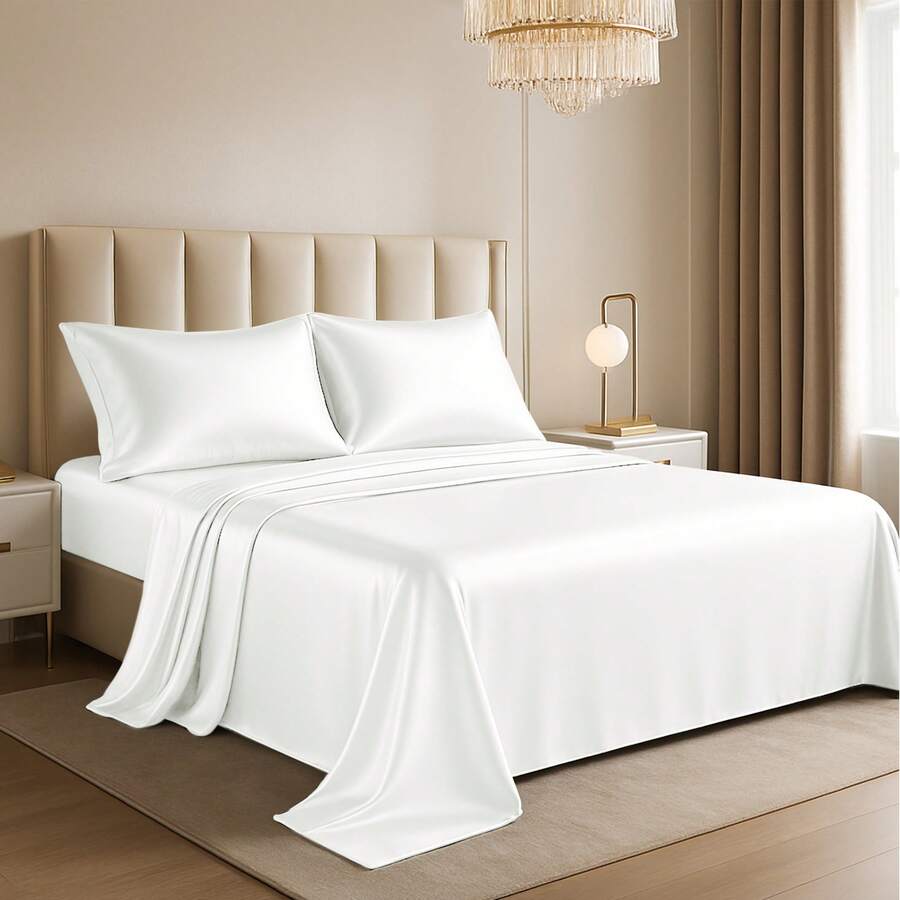 Lux Decor 4-Piece Satin Sheet Set, Silky Soft Polyester Bed Sheets With Deep Pocket Fitted Sheet, Breathable Cooling And Refreshing Bedding, Soft Touch, Washable Bed Linen For Home, Bedroom And Guest Room - 白色 - 查看 1