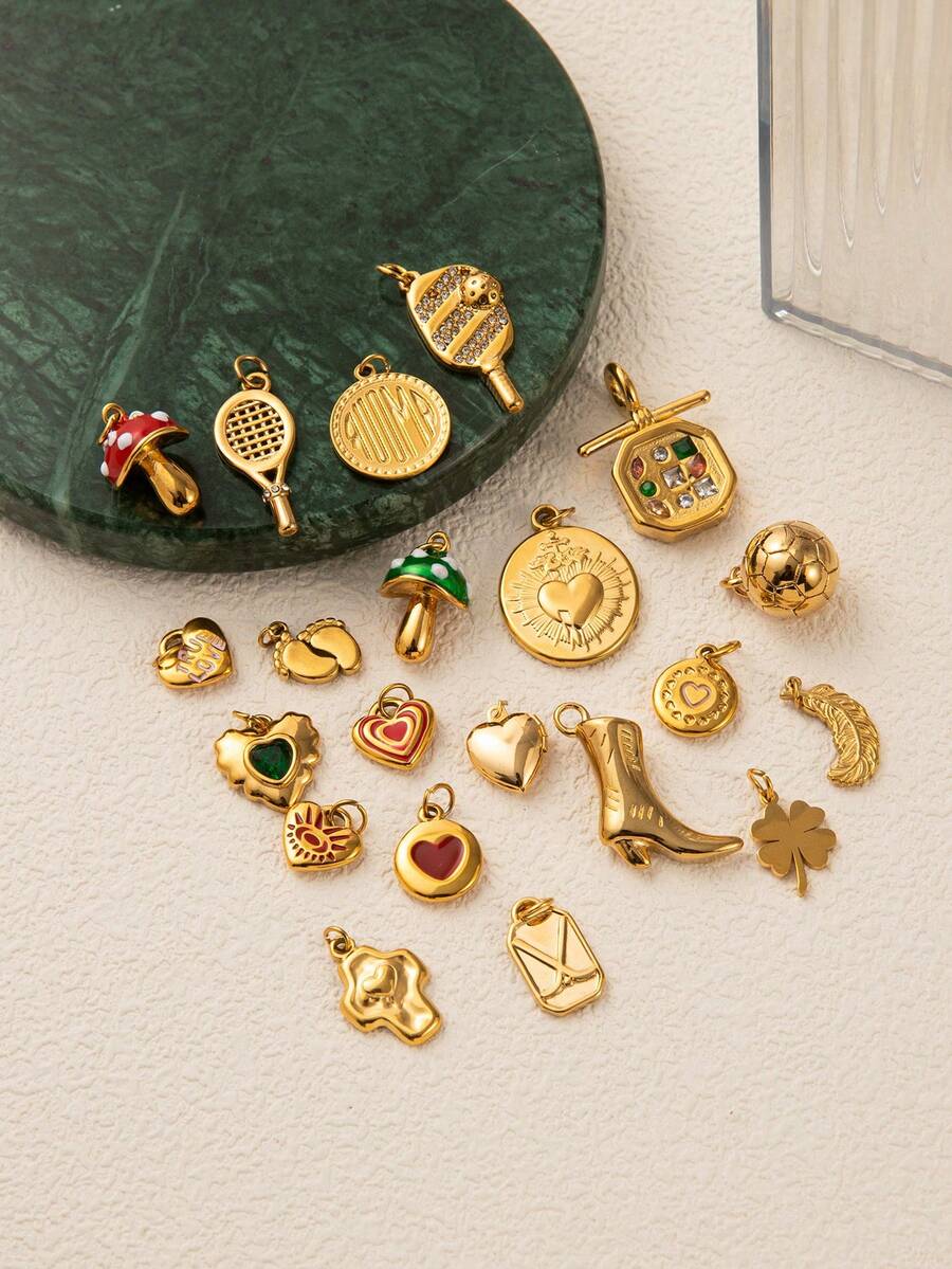 1件金色时尚不锈钢蘑菇心形网球十字羽毛锆石吊坠,18k镀金,适用于DIY珠宝、项链、手链配件、耳环、钥匙扣、包包配件、女士珠宝配件、钱包配件、吊坠、DIY配件、女士珠宝礼物,适合作为送给妻子、母亲和女朋友的个性化吊坠。 - 金色 - 查看 1