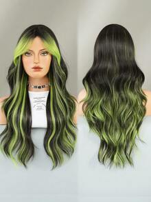 24 Inch Long Wavy Black Green Highlight Wig With Curtain Bangs For Women Heat Resistant Fiber Hairpiece,Natural Synthetic Full Machine Hair Wigs For Daily Music Festival Party Wear, Cosplay Halloween & Street Photography Use - 挑染綠色 - 查看 5