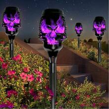 4 Pieces Solar Powered Skull Stake Lights Purple Flame Weatherproof Waterproof Spooky Halloween Pathway Lights Creepy Atmosphere Garden Yard Party Holiday Decor - Purple - View 11