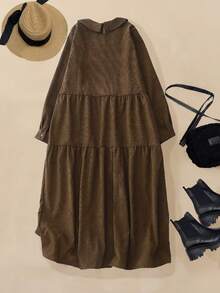 宽松灯芯绒翻领长袖连衣裙，冬季连衣裙，女士优雅连衣裙，棕色连衣裙 - 棕色 - 查看 2