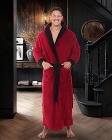 Mens Robe With Hood, Plush Fleece Hooded Mens Bathrobe, Big And Tall Bath Robe For Menhalloween - Burgundy With Black - View 3