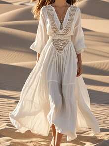 Women's Casual Desert Vacation Dress Western Style V-Neck Long Skirt - 白色 - 查看 1
