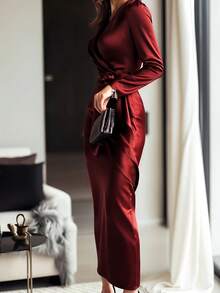 Women's Temperament Dinner Tie V-Neck Satin Dress - Đỏ - Xem 3