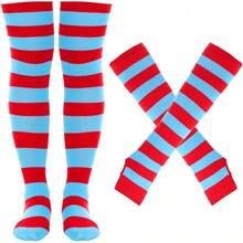 Tongcloud Women's Striped Knee High Socks, Over Knee Thigh High Socks, Arm Warmer And Fingerless Gloves SetHalloween Christmas New Year - 紅色和藍色 - 查看 1