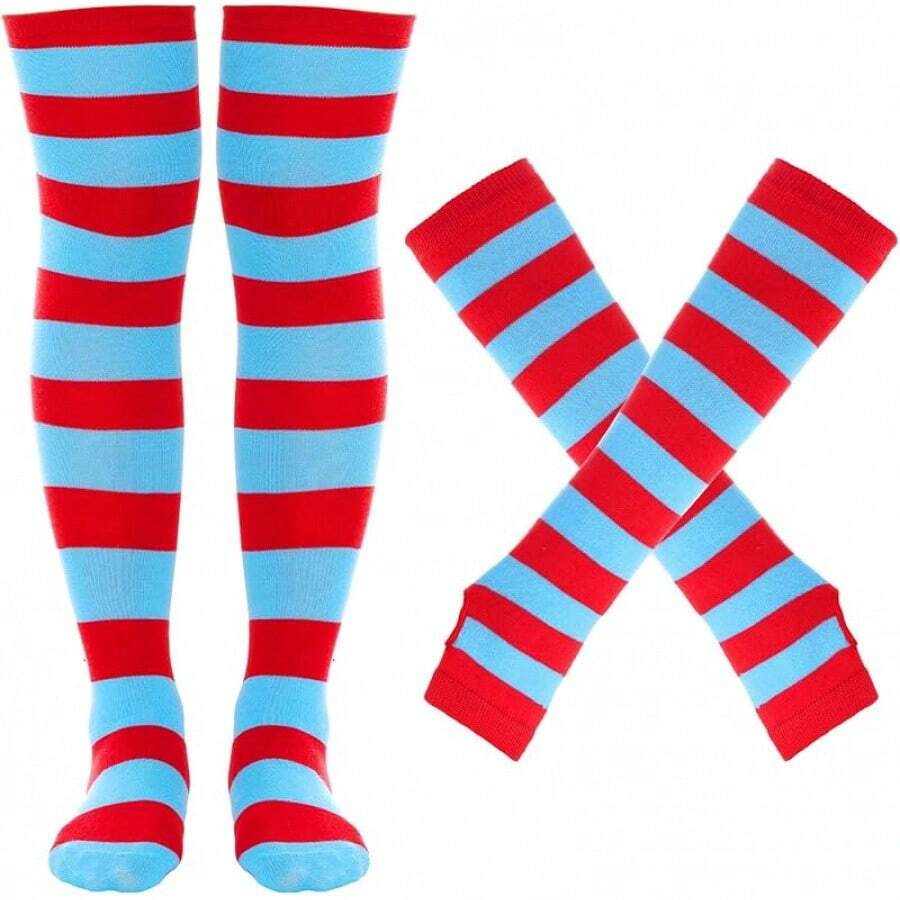 Tongcloud Women's Striped Knee High Socks, Over Knee Thigh High Socks, Arm Warmer And Fingerless Gloves SetHalloween Christmas New Year - 紅色和藍色 - 查看 1