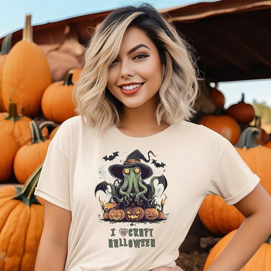 Cthulhu Halloween T-Shirt, Women's Halloween Shirt, Lovecraft T-Shirt, Halloween Gift Idea, Funny Halloween Shirt, Halloween Gift For Her - 白色05 - 查看 1