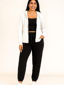 conjunto de pants de mujer 2 pzas  Casual  Dulce    Material Compuesto    Canalé  Bolsillo  Cordón    Casa  Diario  Deportivo - Negro - Ver 1