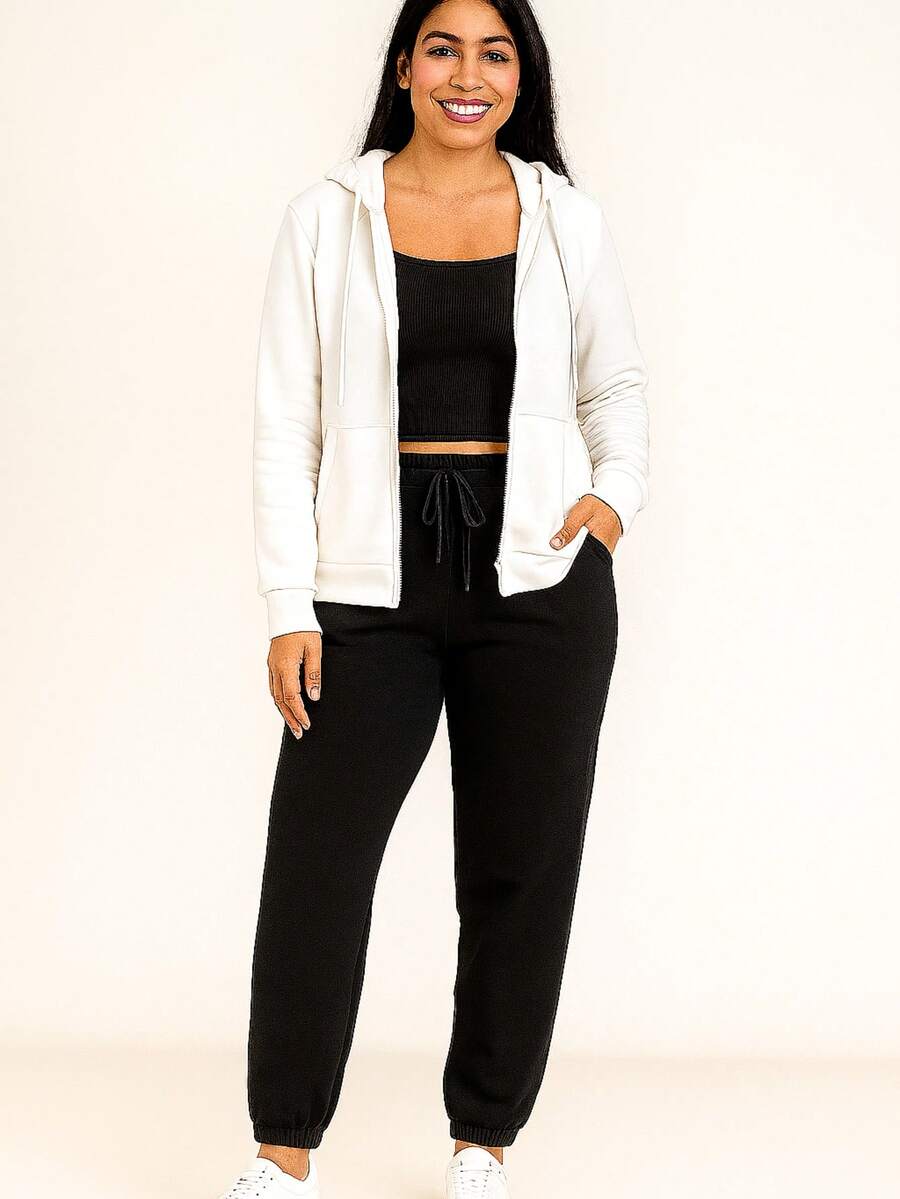conjunto de pants de mujer 2 pzas  Casual  Dulce    Material Compuesto    Canalé  Bolsillo  Cordón    Casa  Diario  Deportivo - Negro - Ver 1
