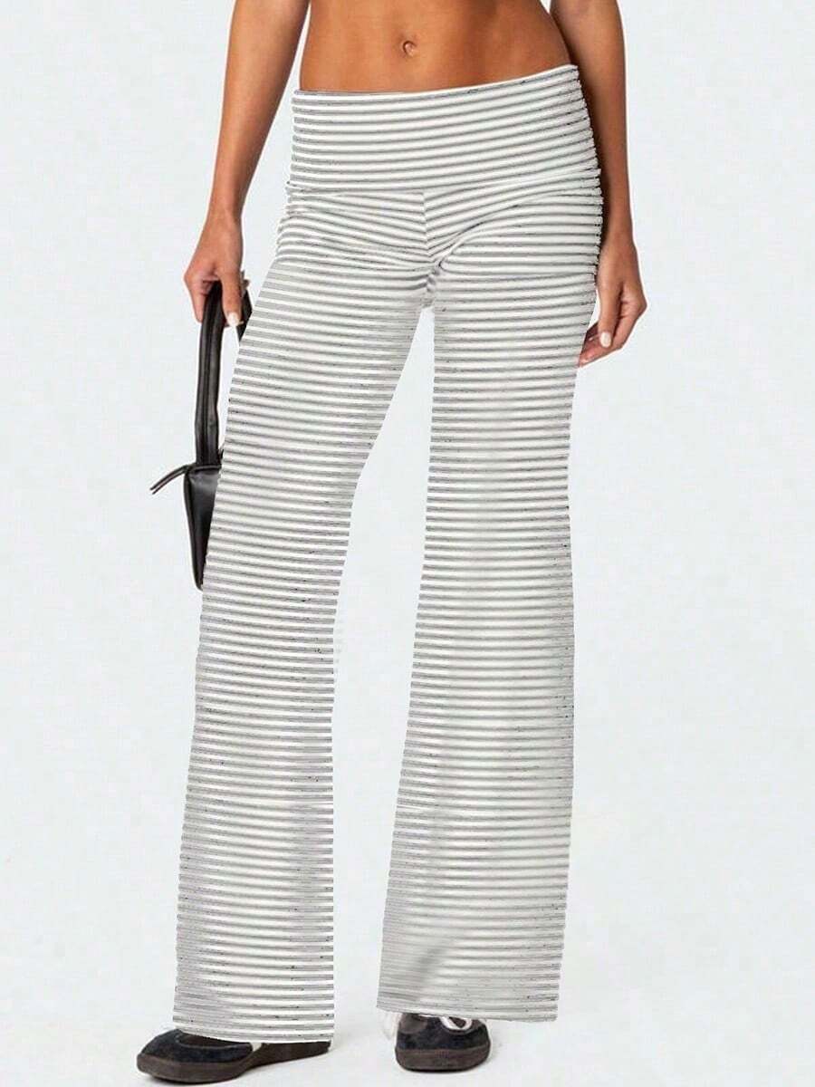 Women Fold Over Yoga Pants Low Rise Solid Color Stretch Casual Straight Wide Leg Palazzo Pants Loose Fit Comfy Flared Leggings Gym Lounge Pants Bootcut Bell Bottoms Baggy Sweatpants Teen Girl Back To School Bottoms Y2k Streetwear - Trắng Xám - Xem 1