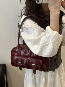 1 buah Tas Tote Minimalis Vintage dengan Resleting, Dilengkapi Kantong dan Dua Pegangan, Cocok untuk Penggunaan Sehari-hari Wanita, Baik untuk Aktivitas Kasual maupun Komuter. - Burgundy - View 9