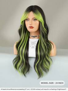 24 Inch Long Wavy Black Green Highlight Wig With Curtain Bangs For Women Heat Resistant Fiber Hairpiece,Natural Synthetic Full Machine Hair Wigs For Daily Music Festival Party Wear, Cosplay Halloween & Street Photography Use - 挑染綠色 - 查看 3