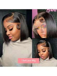 6-16 Inch Bob Wig 13x4 Lace Front Wigs Human Blended Hair Pre Plucked Short Bob Wig Lace Frontal Wigs For Women Human Blended Hair Bob Wig 180% Density Straight Wigs Natural Color(Blended Wigs-A Mix Of Human Blended Hair And Synthetic) - SNatural - View 5