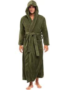 Mens Robe With Hood, Plush Fleece Hooded Mens Bathrobe, Big And Tall Bath Robe For Menhalloween - Army Green - View 1