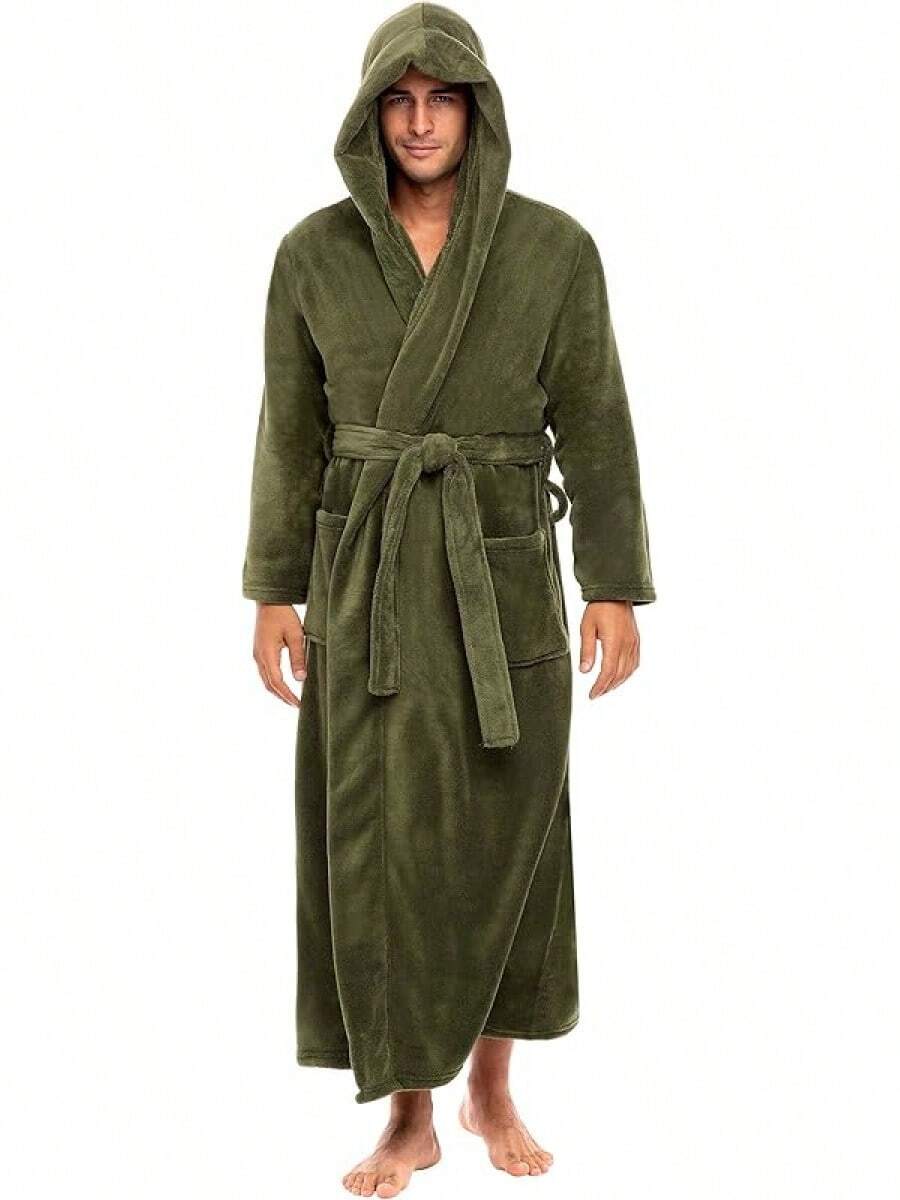 Mens Robe With Hood, Plush Fleece Hooded Mens Bathrobe, Big And Tall Bath Robe For Menhalloween - Army Green - View 1