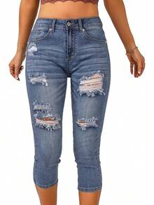 Vetinee High Waisted Skinny Slim Fit Capri Jeanshalloween - Màu xanh trung bình cổ điển - Xem 2