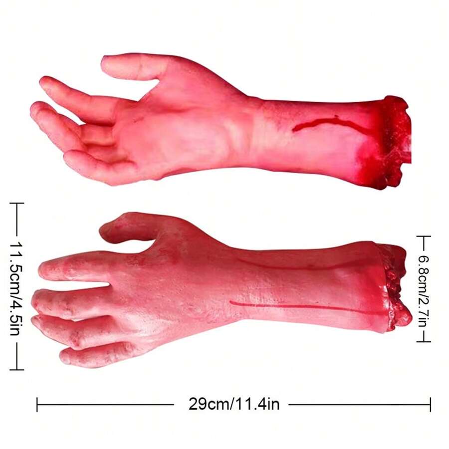 1 par de juguetes aterradores para fiestas: parte del cuerpo falsa con sangre, brazo y mano cercenados realistas, accesorio de Halloween de The Walking Dead, 2 manos artificiales (izquierda y derecha), para niños, adolescentes y adultos. - Camel - Ver 1
