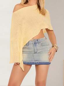 Women Knit Poncho Top Y2k Off Shoulder Crochet Sheer Shawl Asymmetrical Hem Cover Up Shrug Sweater Womens Sheer Poncho Shrug Bolero, Lightweight Summer Shrug Pullover Sweater - 黃色 - 查看 2