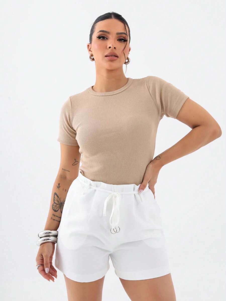Women's Basic Elegant Summer Short Sleeve Ribbed Blouse - Màu nâu  Mocha - Xem 1