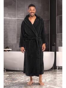 Mens Robe With Hood, Plush Fleece Hooded Mens Bathrobe, Big And Tall Bath Robe For Menhalloween - Black - View 9