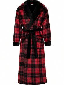 Mens Robe With Hood, Plush Fleece Hooded Mens Bathrobe, Big And Tall Bath Robe For Menhalloween - Red Black Plaid Contrast - View 1