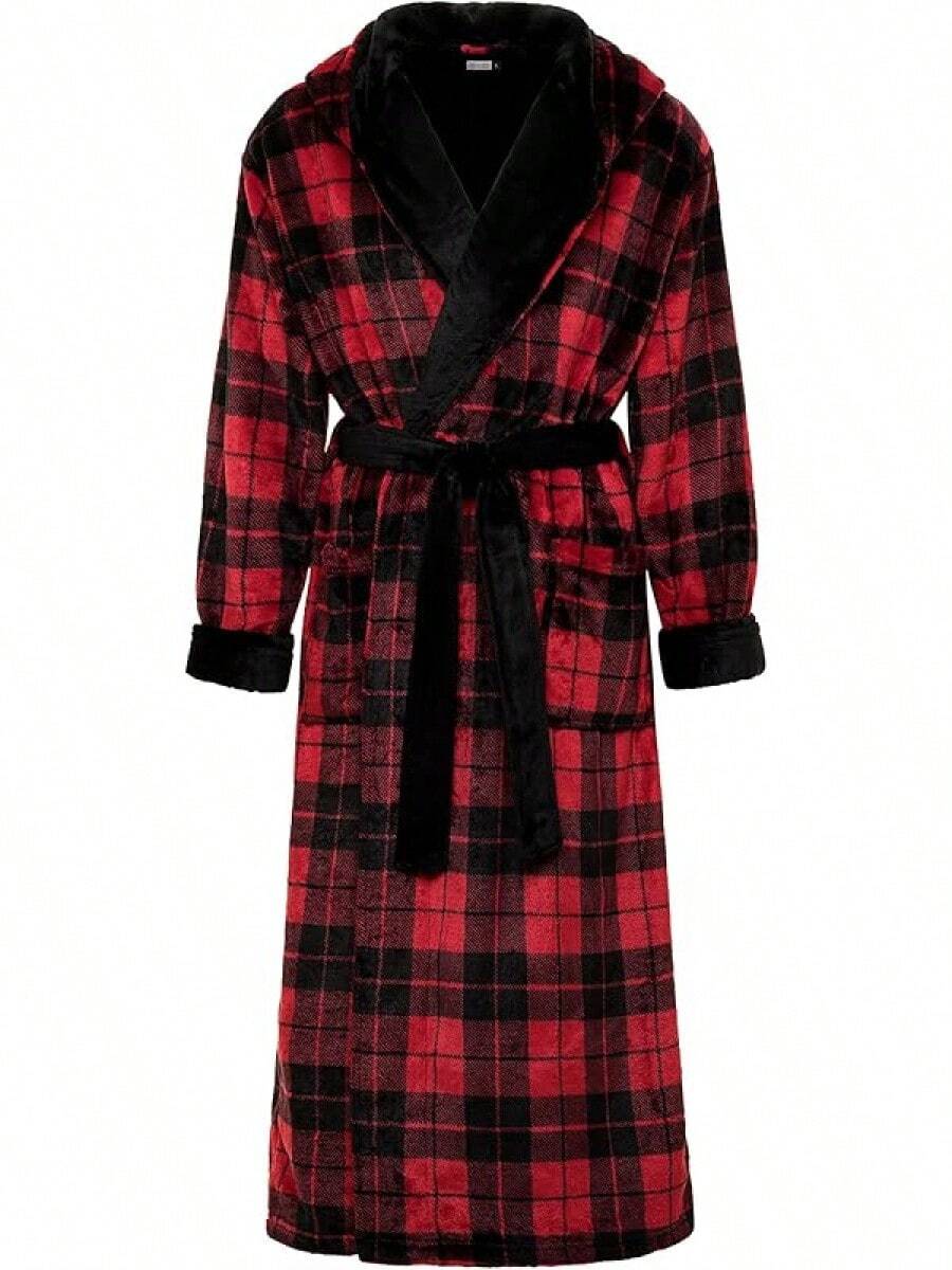 Mens Robe With Hood, Plush Fleece Hooded Mens Bathrobe, Big And Tall Bath Robe For Menhalloween - Red Black Plaid Contrast - View 1