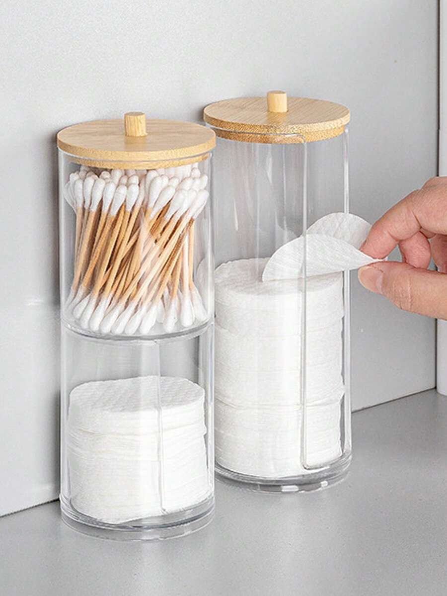 Bamboo Lid Transparent Plastic Storage Box, Desktop Makeup Organizer Box With Dual-Hole Round Design, Transparent Cosmetic Storage Box With Dual-Compartment Design - Modern Vanity Storage Box With Lid, Bathroom Sink Organizer, Suitable For Makeup Brushes, Lipsticks, Beauty Tools - Multicolor - View 1