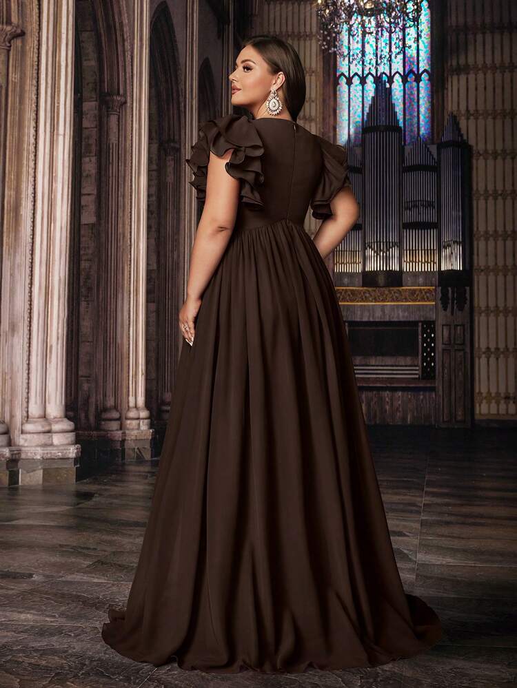 QOQ Vestido formal de unicolor y talla grande para mujer, vestido de dama de honor para eventos formales como bodas, fiestas de cumpleaños, con escote en V y mangas con volantes, primavera - Chocolate - Añade 2
