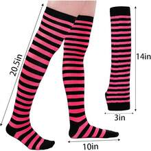 Tongcloud Women's Striped Knee High Socks, Over Knee Thigh High Socks, Arm Warmer And Fingerless Gloves SetHalloween Christmas New Year - 黑色和玫紅色 - 查看 2