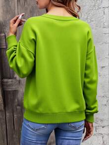 Jersey Holgado Cuello Redondo Manga Larga Aplicaciones Brillos En forma de Corazon Sueter - Verde - Ver 2