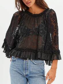 Women Long Sleeve Eyelet Ruffle Trim Button Down Blouse Shirts Y2k Tie Front Lace Floral Sheer Mesh Flowy Crop Tops People Going Out - màu đen - Xem 1