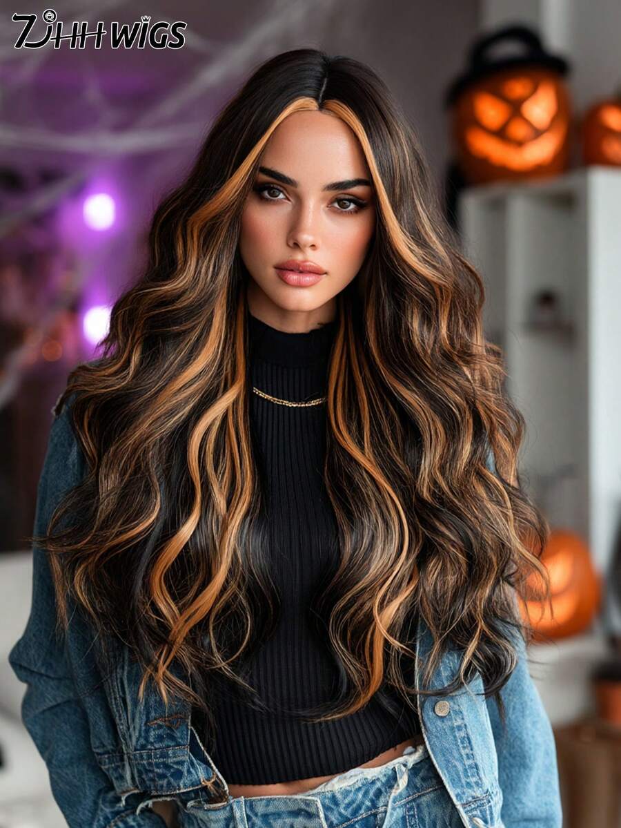 24 Inch Long Wavy Black Golden Highlight Wig For Women Heat Resistant Fiber Middle Part Hairpiece,Natural Synthetic Full Machine Hair Wigs For Daily Music Festival Party Wear, Cosplay Halloween & Street Photography Use - 挑染金色 - 查看 1
