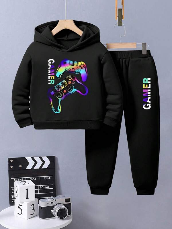 2pcs/Set Young Boy Video Game Graphic Print Hoodie And Sweatpants Casual Outfit