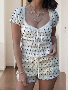 Women Solid/Dot Pajamas Set Scoop Neck Cami Top Smocked Ruffle Shorts 2 Piece Lounge Set Sleepwear - Black - View 4