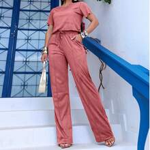 Suede Set, Wide Leg Pants And Basic T-Shirt Top, Size M To EXG Plus Size - Rusty Rose - View 2