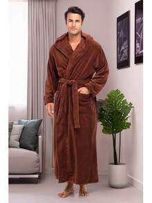 Mens Robe With Hood, Plush Fleece Hooded Mens Bathrobe, Big And Tall Bath Robe For Menhalloween - Chocolate - View 7