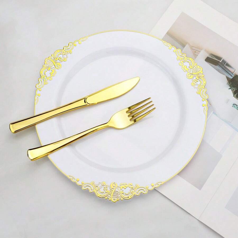 40pcs Vintage Gold Floral Decorative Plates, Suitable For Thanksgiving Gatherings, Serving Salad, Cake, Candy, Indoor & Outdoor Use, Reusable After Washing, Great For Parties And Weddings