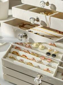 1pc Delicate Jewelry Storage Box With Anti-Oxidation, Earrings, Necklaces, Rings Display Stand, Velvet & Acrylic Accessories Container, Gift For Valentine's Day Sun Travel Cool Back To School - Grey - View 7